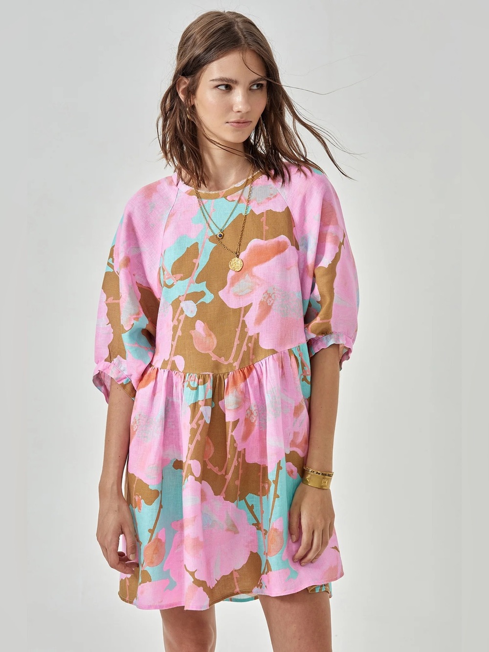 Lanhtropy Alcala Linen Dress Aquarela Floral One Size Oversized Mini Boho